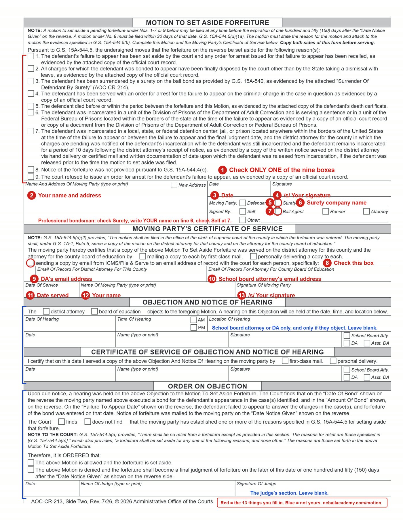 AOC-CR-213 side two, the Motion to Set Aside Forfeiture, marked in red with the thirteen places to mark or fill in